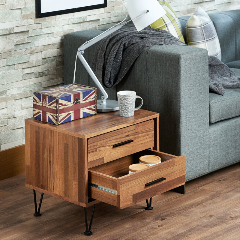 Table d'appoint en noyer avec rangement à 2 tiroirs et boîtes en métal, Walnut