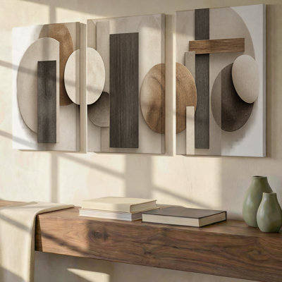 3 Pieces Exculisive Neutral Organic Stone Relief Large Wall Art Sculptural Panorama, Modern Canvas Decor for Living Room, Bedroom, Office and Home