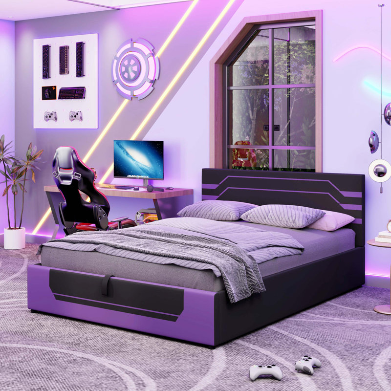 Cadre de lit de jeu hydraulique moderne pour grand lit, lit plateforme Cyberpunk Esports Design pour joueurs, noir et mauve