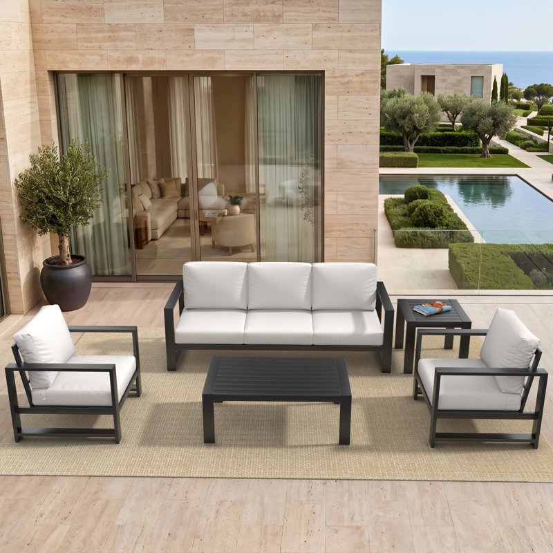 Ensemble de sièges pour 5 personnes avec coussins Sunbrella® Dulcie, Tissu blanc Sunbrella®