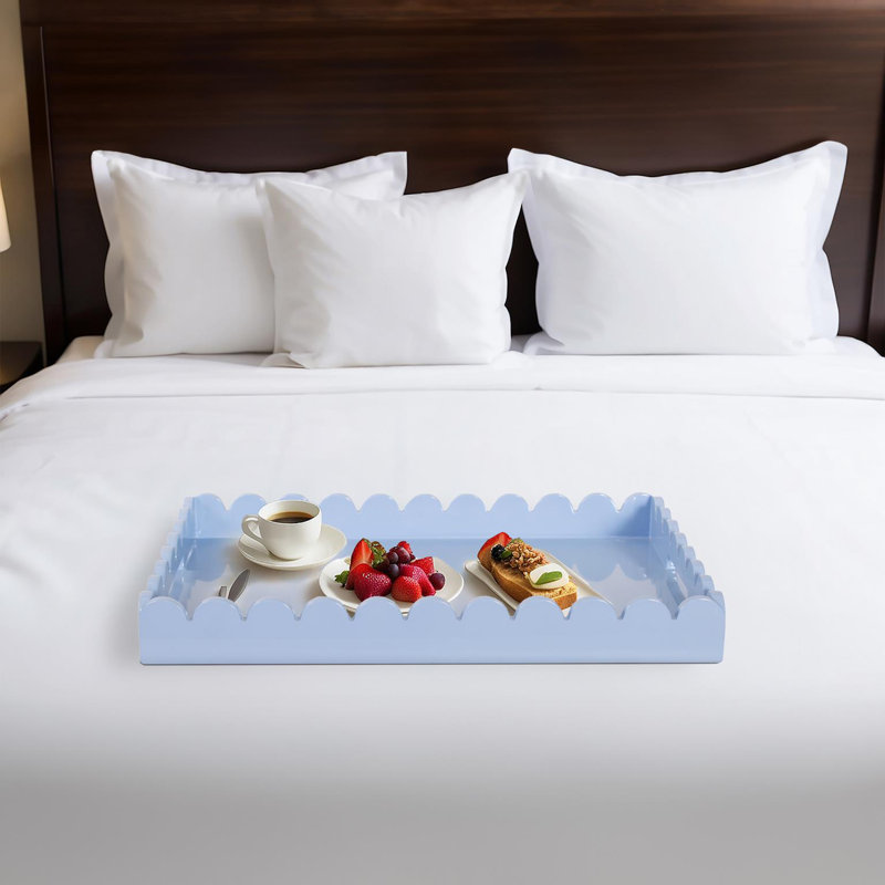 Hindley Hand-Crafted Rectangular Scalloped Wood Tray, Light Blue