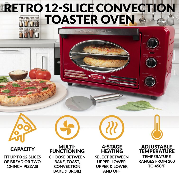 Nostalgia Electrics Nostalgia Large-Capacity 0.7-Cu. Ft. Capacity  Multi-Functioning Retro Convection Toaster Oven, Fits 12 Slices of Bread  and Two 12-Inch Pizzas, Built In Timer, Includes Baking Pan, Wire Racks and  Crumb Tray