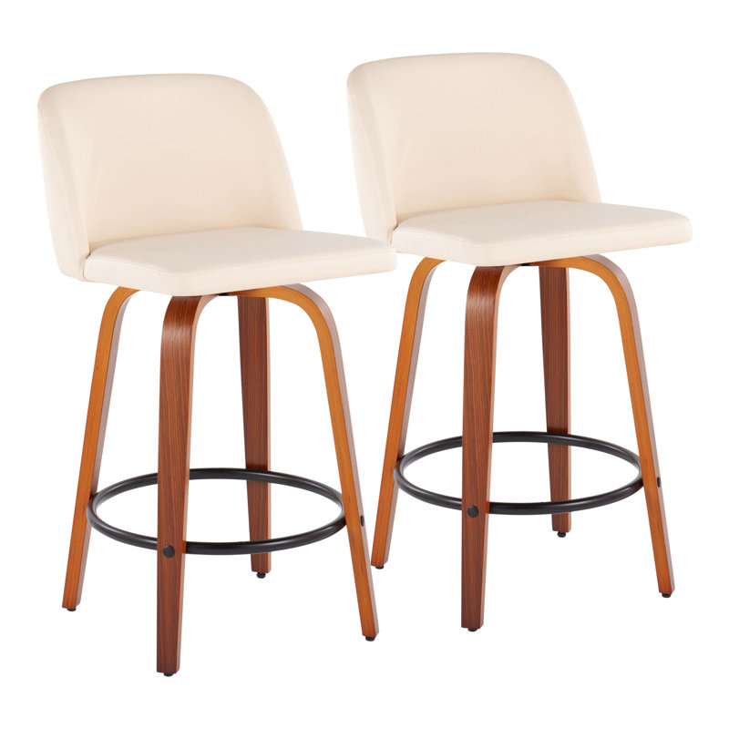 Tabourets de bar et de comptoir à hauteur fixe Thea Toriano avec pieds en bois cintré et repose-pieds rond, Similicuir crème