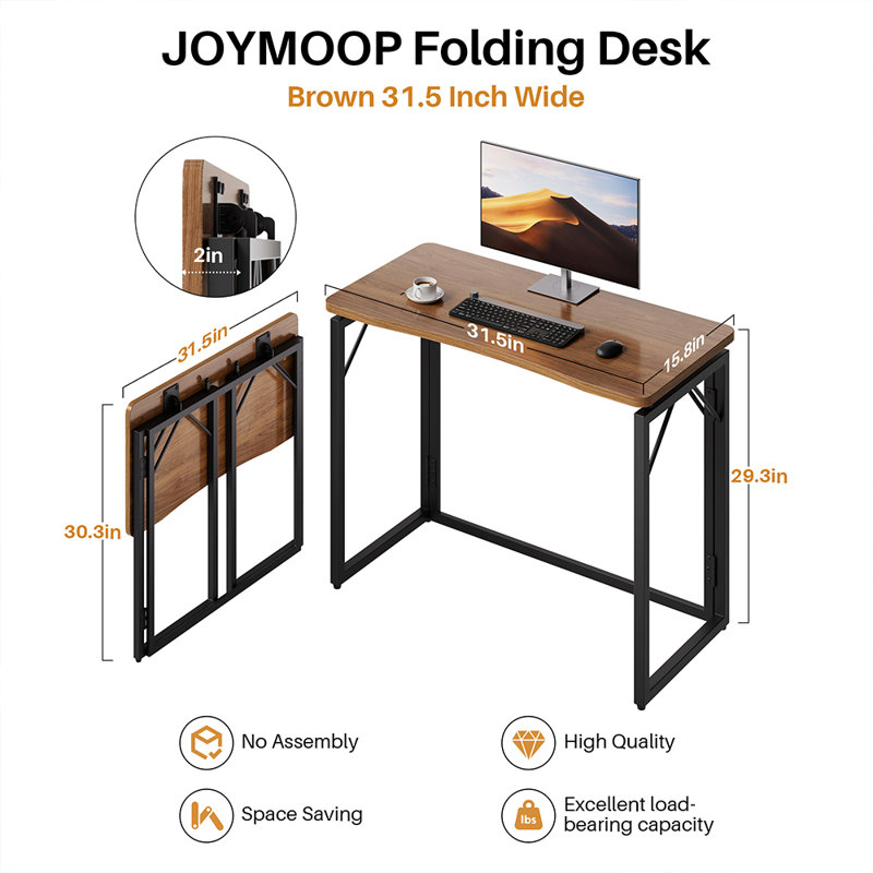 Bureau pliant 80 cm (31,5 po) - Brun, sans assemblage. Petit bureau pliant pour la maison ou le bureau, plateau en bois, idéal pour travailler, écrire ou étudier.