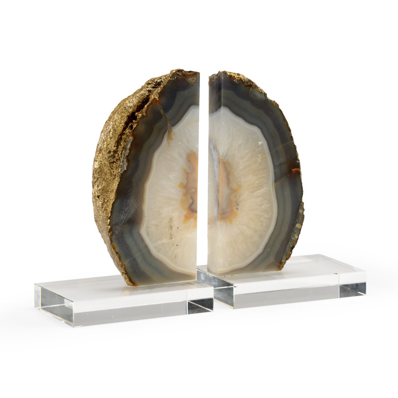 Natural Agate and Gold Edged Crystal Bookends Set