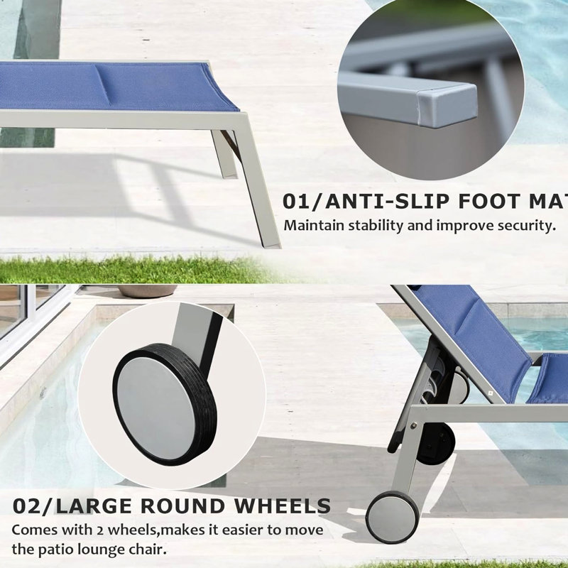 3 chaises longues d'extérieur: chaises de piscine en aluminium avec coussin et table d'appoint. Bleu marine, 5 positions d'inclinaison réglables. Respirant, -. Confortable. Pour la cour, le balcon, le salon de plage: rembourrage inclinable.