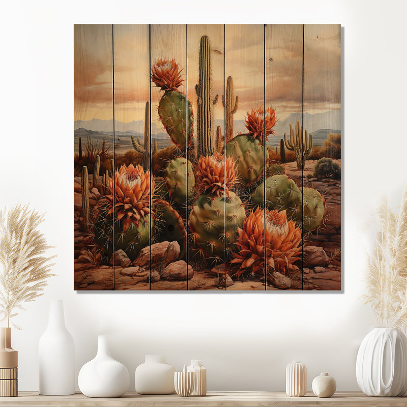Cactus en cuivre dans le Nevada I - Art mural en bois de cactus sur bois de pin naturel, H 25 po x l 25 po
