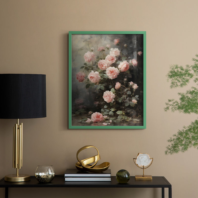 Reproduction florale rétro encadrée Ccii - bois massif, H 21 po x l 17 po, Vert