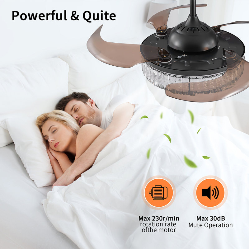 Ventilateur de plafond rétractable 48 po à DEL en cristal contemporain avec lumière et télécommande, moteur à courant continu réversible à 6 vitesses, ventilateurs de plafond modernes à 4 pales pour la cuisine, la salle à manger et le patio