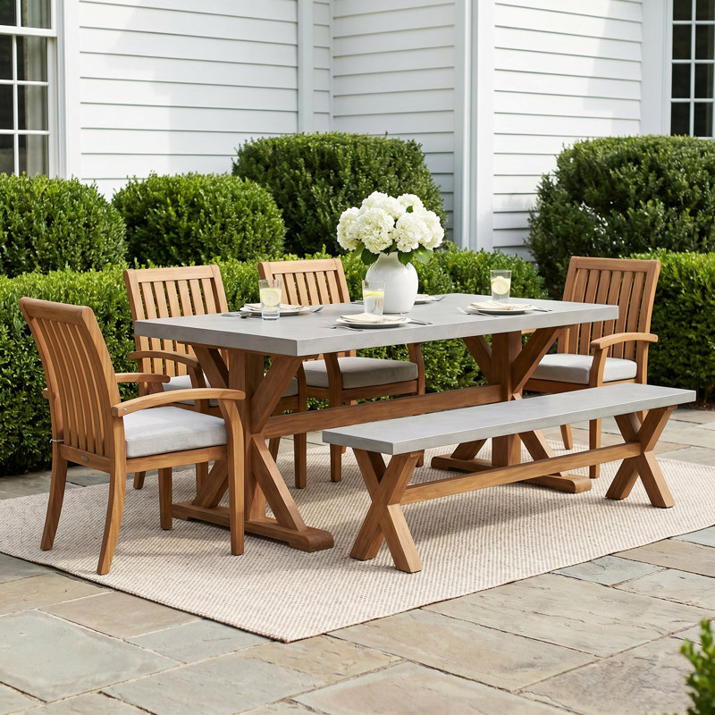 Fleur 7 - Person Wood Patio Dining Set with Rectangular Table , Cushions Included