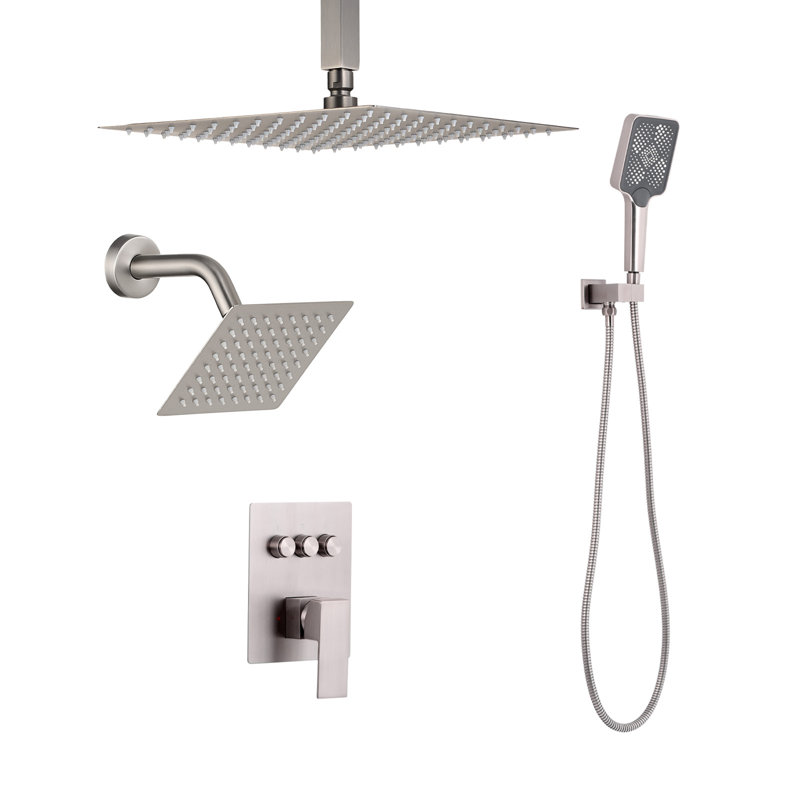 Ensemble de robinet de douche, système de douche à pluie au plafond de 12 pouces avec tête de fixation murale de 6 pouces et douchette à main 4 en 1, valve rotative à double fonction en laiton à 3 fonctions et ensemble de garniture, nickel brossé