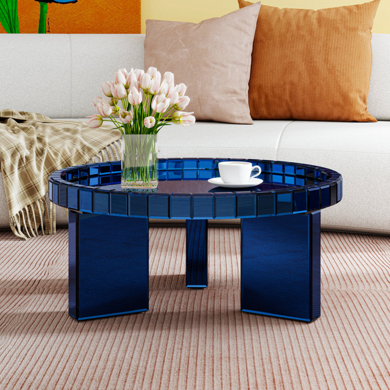 Round Glass Coffee Table Cocktail Table Tray Top 80x80cm, Blue