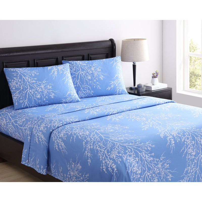 King Light Blue Microfiber Floral Print Sheet Set