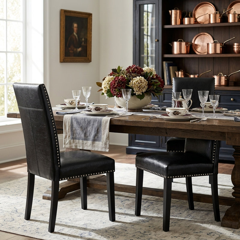 LUMERA Collection Upholstered Parsons Dining Chair with Nailhead Trim, High Back Faux Leather Side Chair, Black, Black