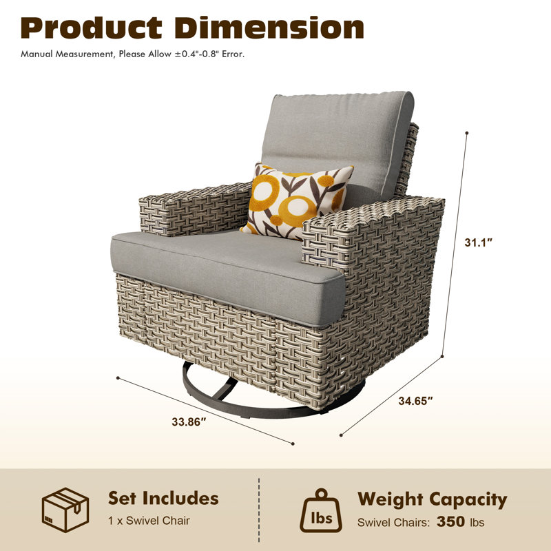 Carolle Outdoor Wicker Swivel Rocking Chair With Cushions, Wide-Arm Patio Lounge Chair For Porch & Backyard, Dark Gray