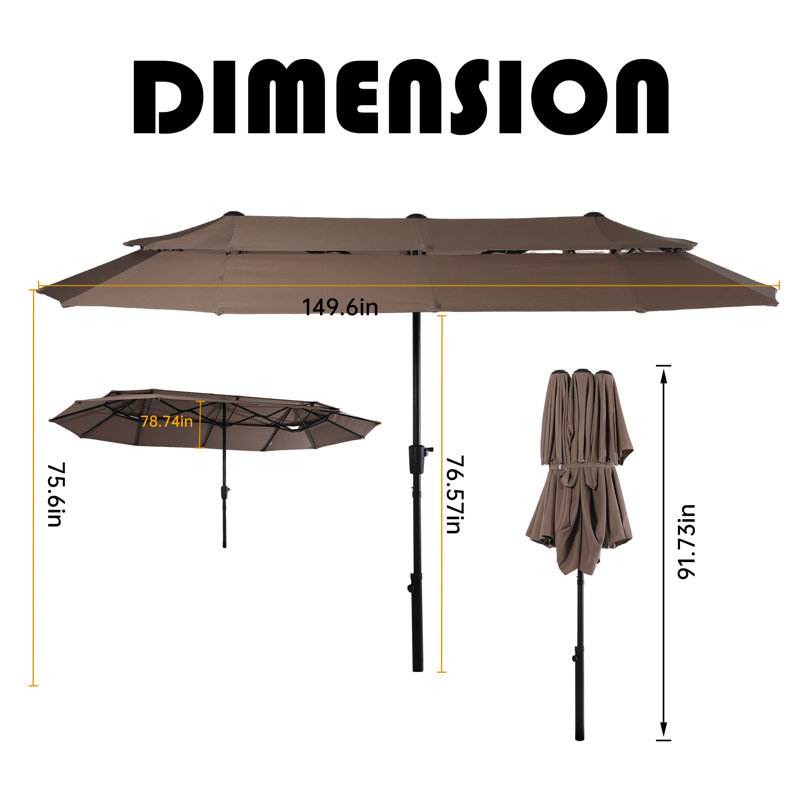 Parasol de patio rectangulaire à double face de 13 pi, parasol de marché extérieur à double couche avec manivelle et base incluse pour terrasse de jardin au bord de la piscine