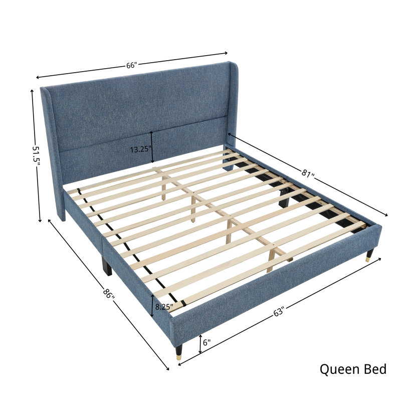 Rozitta Upholstered Wingback Bed, Queen, Blue Polyester