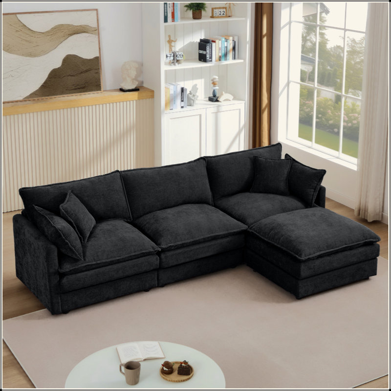 Canapé modulaire en L en forme de L, canapé-lit 3 places avec repose-pieds mobile, combinaison en tissu d'ameublement en chenille pour le salon