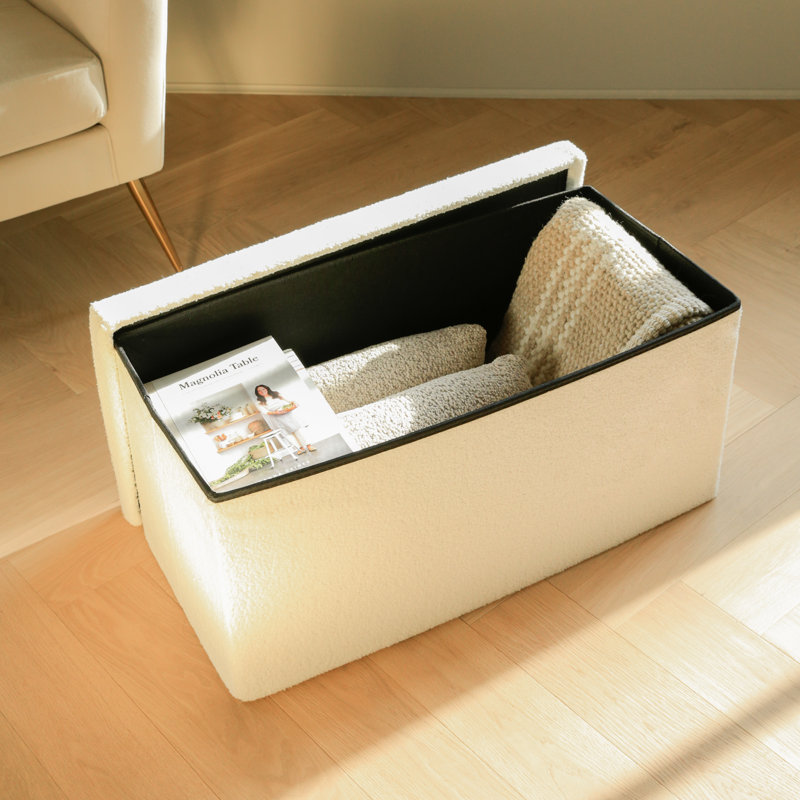 Go-Poufs Knock-Down Rectangular Teddy Boucle Storage Ottoman | 30"x15"x15" |, White Cotton Blend