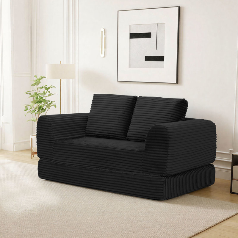 Boneless Cloud Compression Convertible Floor Sofa Bed, High-Density Sponge & Corduroy Fabric Futon Loveseat, Black