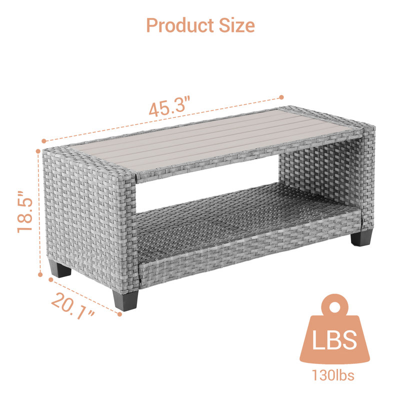 Atward Rectangular Wicker Outdoor Coffee Table , 45.3'' in. W 20.1'' in. D, Gray