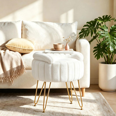 Petit tabouret de coiffeuse avec rangement, dossier pliant, repose-pieds souple en fausse fourrure, banc de maquillage moderne, pieds en métal, pieds réglables pour le salon, la chambre à coucher, la salle de maquillage, blanc