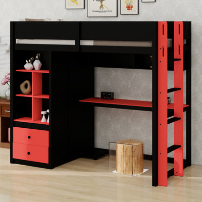 Lit mezzanine haut avec bureau et garde-robe, bande lumineuse à DEL de contrôle Smart APP et ports de charge USB