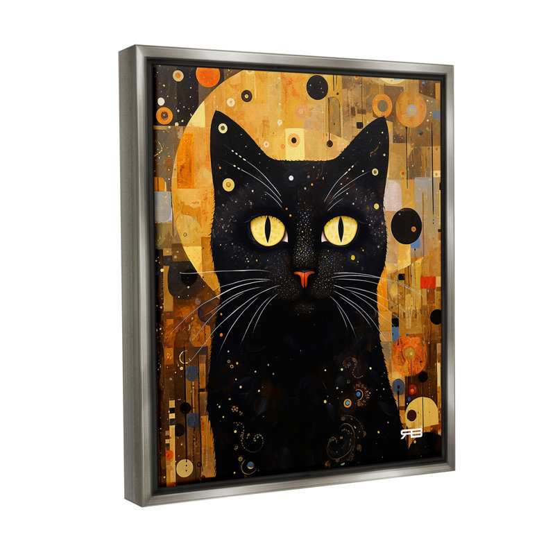 "Chat noir avec motif moderne" par RB sur toile, Cadre flottant gris lustré, H 31 po x l 25 po