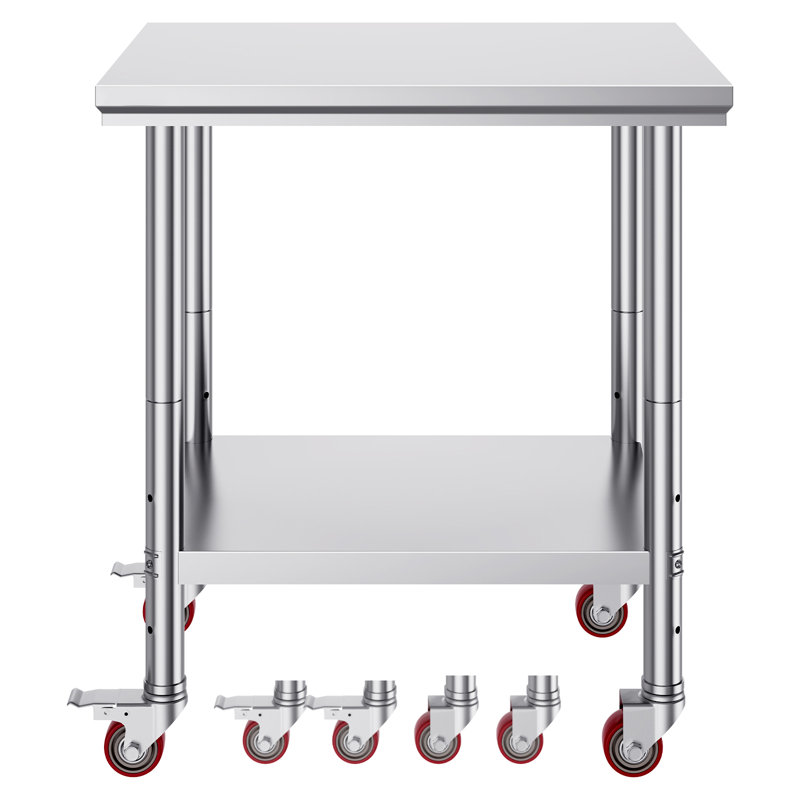 Table de travail en acier inoxydable 76 x 61 x 84 cm, capacité de charge de 318 kg, 4 roues, 3 hauteurs réglables, table de préparation alimentaire robuste pour cuisines professionnelles et restaurants, argent