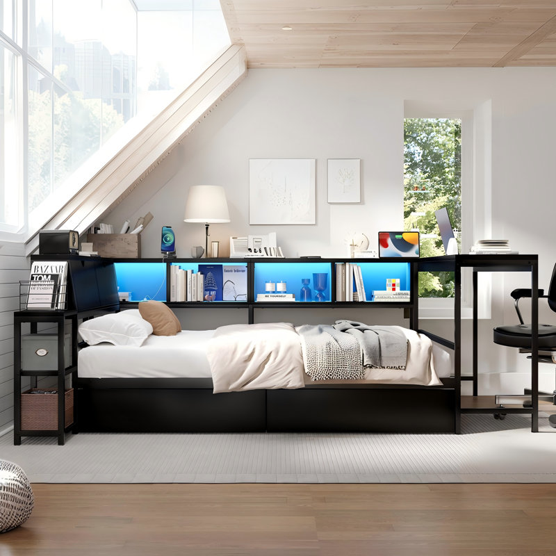 Corner Bed Frame With Bookcase And 2 Underbed Storage Drawers, Modern Reversible Daybed With Led Light And Charging Station