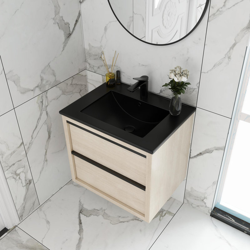 Meuble-lavabo mural simple 24 po avec lavabo en céramique et meuble-lavabo flottant 24 po, Noir