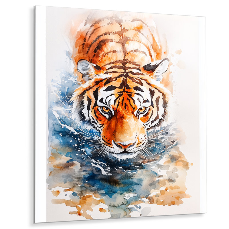 Tigre sur la chasse en Afrique I - animaux, décoration murale en métal, impression sur tigre, H 44 po x l 34 po