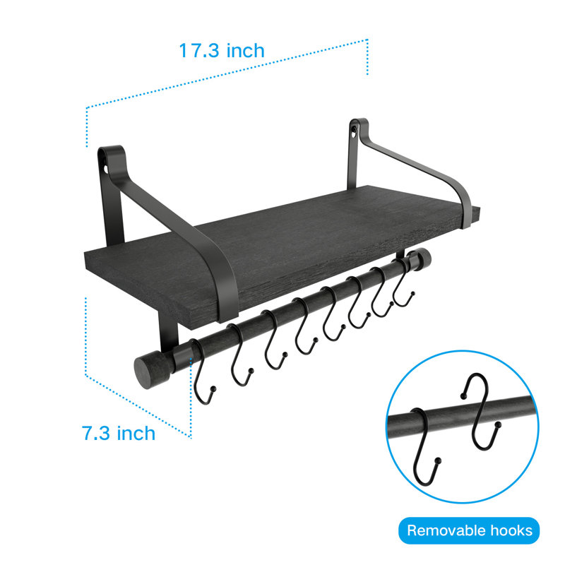 Capo Rustic Wood Kitchen Spice Rack with Towel Bar and 8 Removable Hooks, Weathered Black