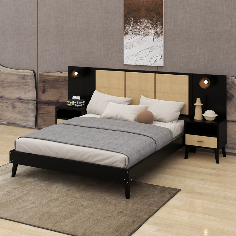 Queen Solid Wood Bed Frame With 2 Nightstands