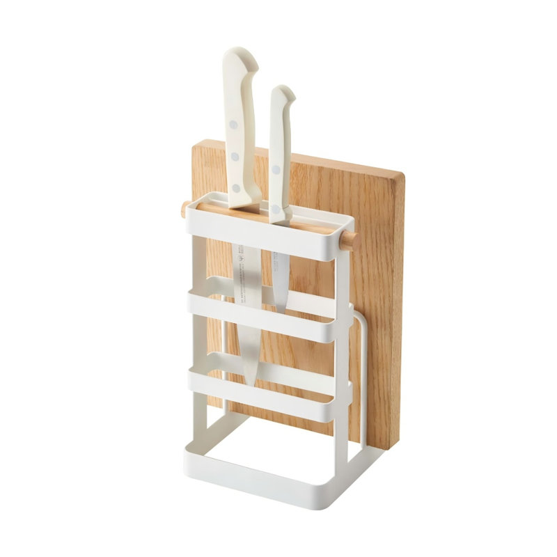 White Steel and Wood Countertop Knife and Cutting Board Organizer