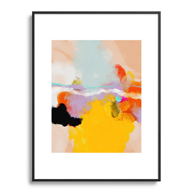 Abstrait jaune rosé encadré sur papier, Noir, H 24 po x l 18 po