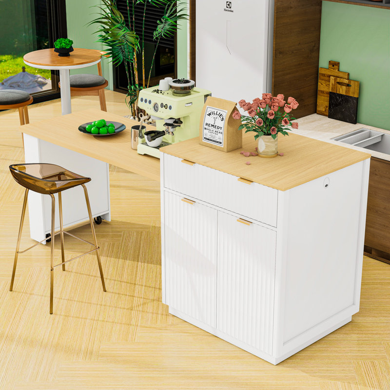 Kitchen Island with Extendable Dining Table for 4-6, Double-Sided Storage, Power Outlet and Drawers, White
