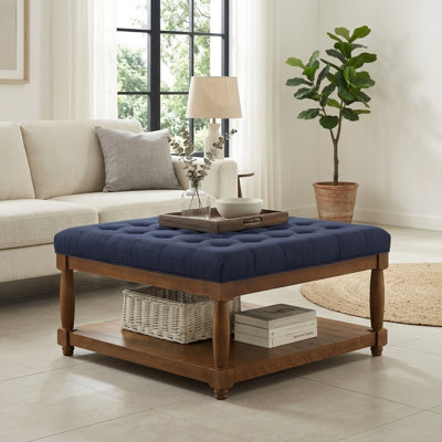 FFZ 33.5" Classic Square Upholstered Ottoman Coffee Table with Tufted Linen and Solid Wood Shelf