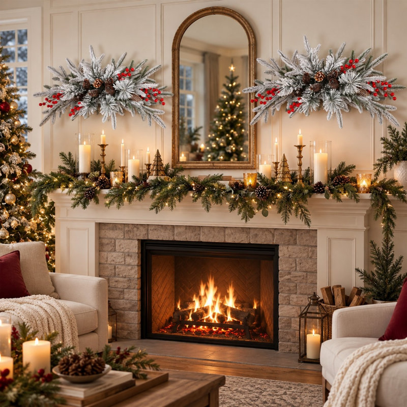 Guirlande de Noël en 2 pièces de 76 cm (30 po) avec flocons de neige, pommes de pin et baies rouges