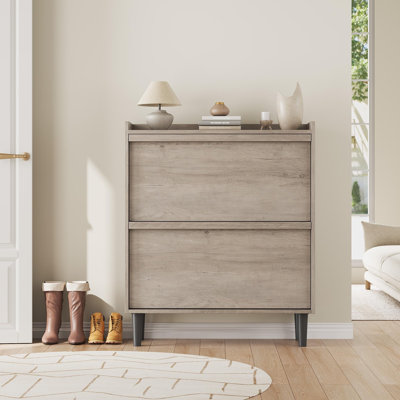 2-Drawer Flip Down Shoe Storage Cabinet, Gray Slim Shoe Organizer with Adjustable Shelves & Anti-Tipping Device for Entryway, Hallway, Gray