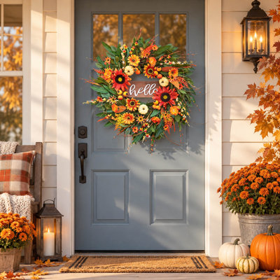 Couronne d'eucalyptus d'automne 26 po avec baies oranges pour décor de porte d'entrée