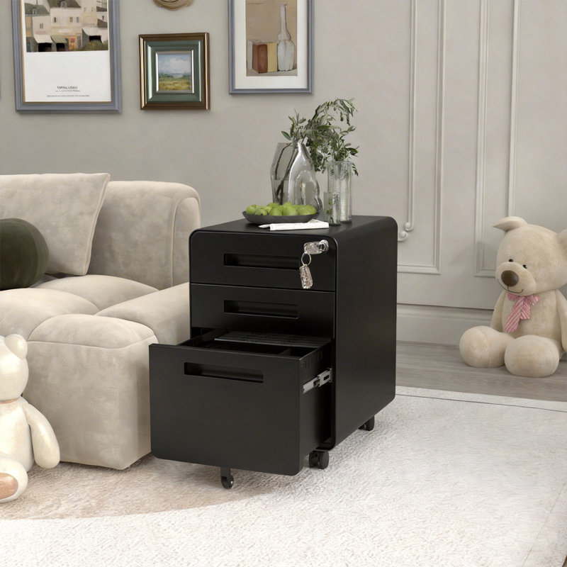 Metal Filing Cabinet with Lock, 3 Drawer Filing Cabinet with Wheels, Mobile Filing Cabinets, Black