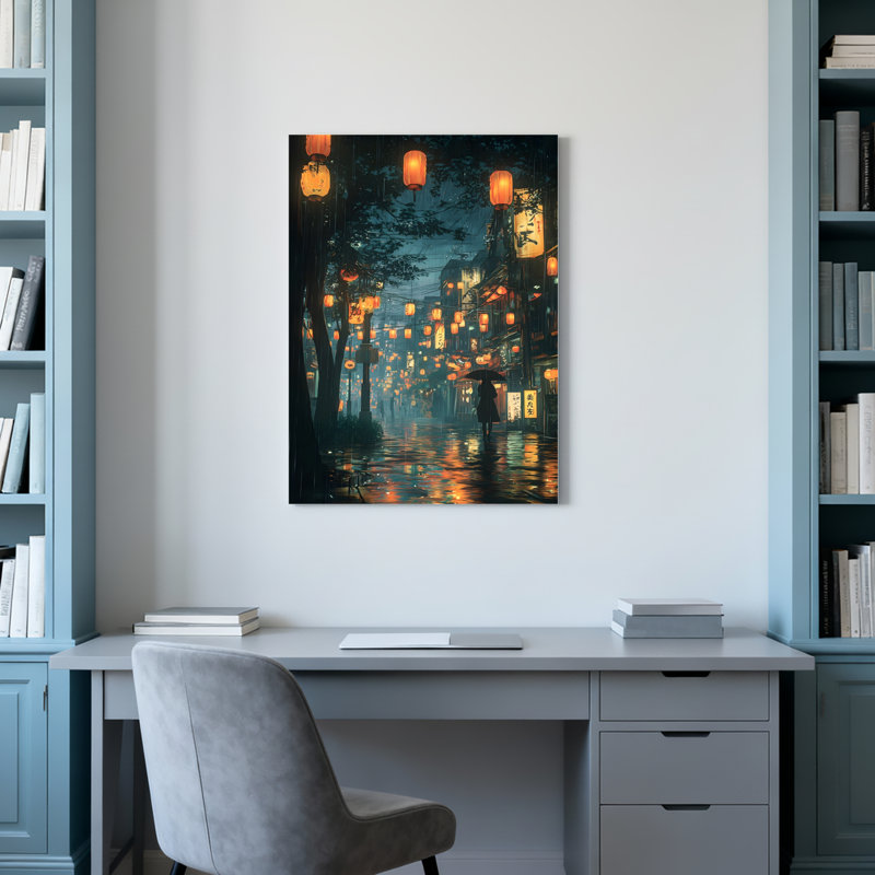Ensemble de 1 tableau sur toile tendue représentant une scène nocturne de rue avec des lanternes japonaises