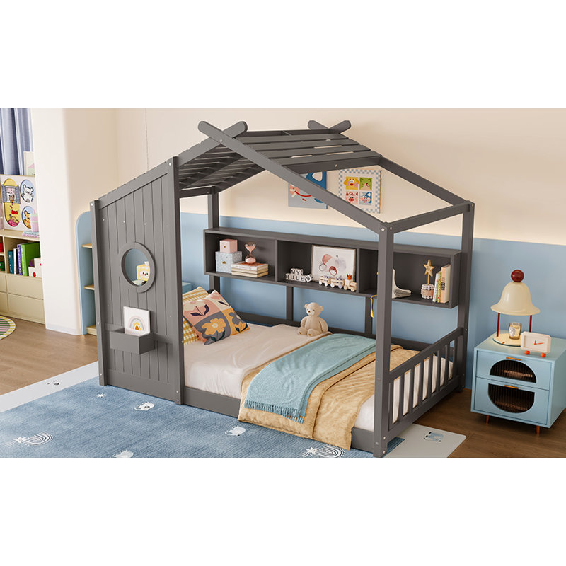 Lit sur pied pour enfant, lit Montessori pour enfants avec tablette de rangement, lit de jeu avec toit