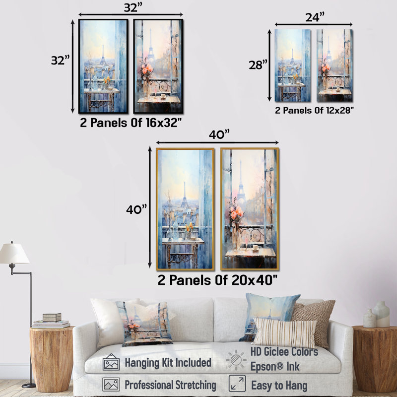 «Paris Winter Window View I - Paris Wall Art Living Room Ensemble de 2, Toile tendue, H 32 po x l 33 po