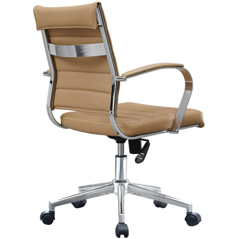 Ergonomic Mid-Back Ribbed PU Leather Executive Office Desk Chair with Padded Arms, Swivel Tilt, Comfortable for Home Office & Conference Room, Beige Tan