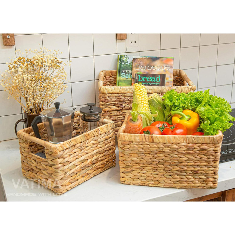 Grand panier rectangulaire en osier avec poignées en bois pour les tablettes et le rangement - Panier en jacinthe d'eau naturelle pour l'organisation