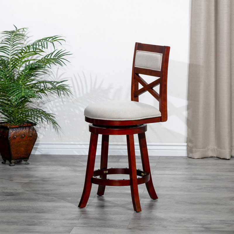 Tabouret de bar et de comptoir pivotant Crume, Tabouret de comptoir (siège d’une hauteur de 24, Tissu beige / cerise