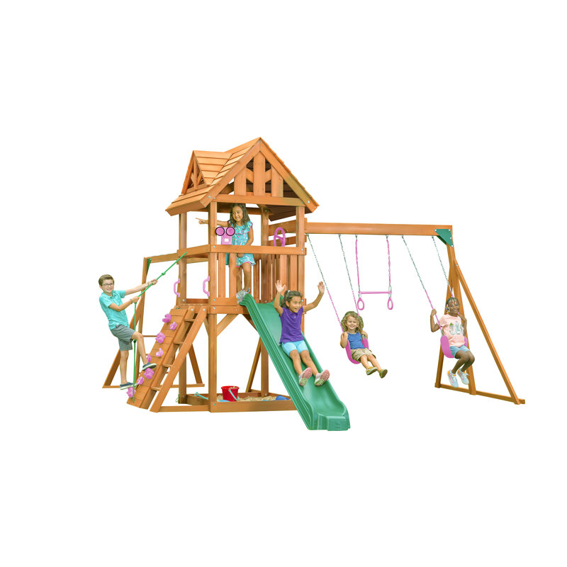 Ensemble de jeu Mountain View Lodge avec toit en bois et balançoire à glissade verte, Rose