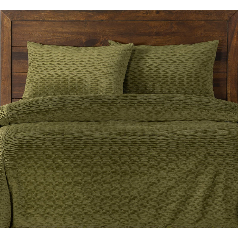 Pleated Velvet Olive Green Duvet Cover Set, California King Duvet Cover + 2 King Shams
